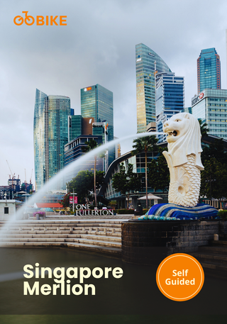 Singapore Merlion statue with modern city skyline with GoBike Singapore.