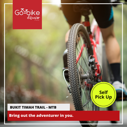 A man cycling on The Bukit Timah Trail with the words GoBikeSG adventure.