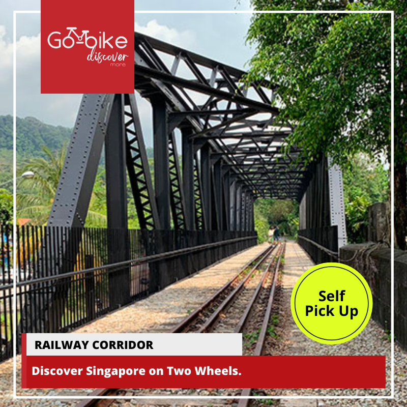A GoBikeSG train on The Railway Corridor with the words cycling and passion up discover on two wheels.