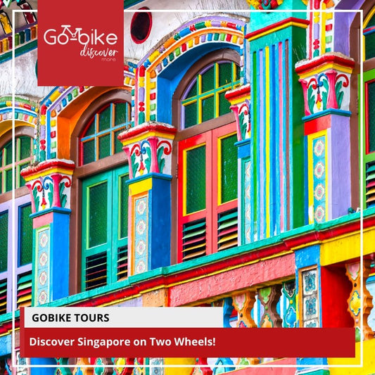 A colorful building with the words GoBikeSG bicycle tours Singapore on two wheels.