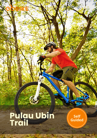 Person riding a bicycle on the Pulau Ubin trail with trees in the background, with GoBike.