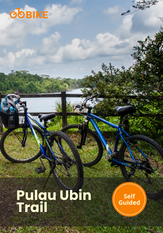 Two bicycles leaning against a wooden fence with a scenic background, featuring the Pulau Ubin Trail with GoBike.