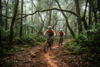 a pair of cyclist wearing safety helmets and orange and white coloured cycling shirts, cycling down a thick forested area with mud and rough terrain.