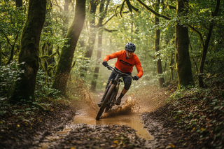 cyclist with safety helmet and orange shirt riding down a forested slope in mud